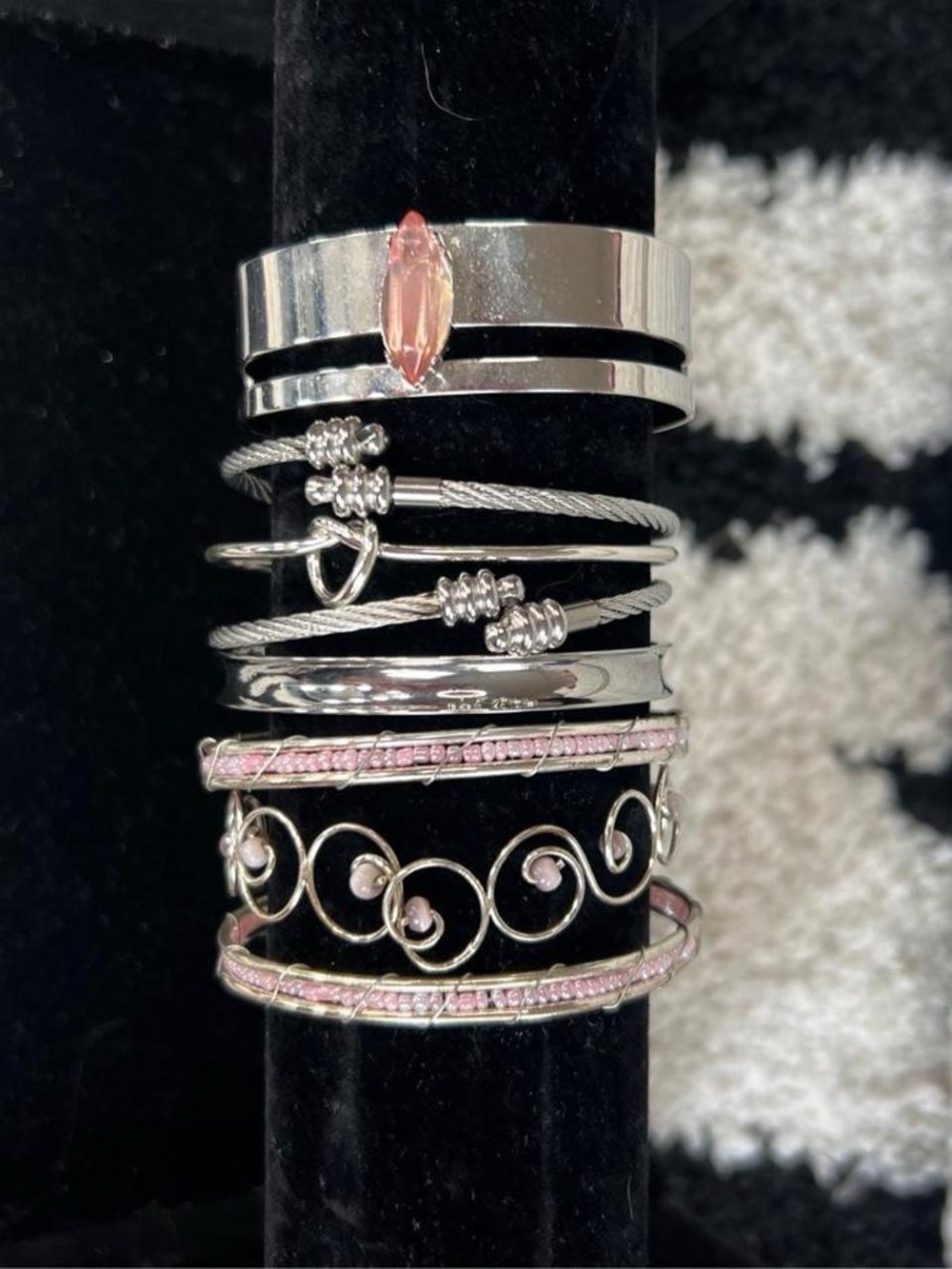 Y2K Silver tone & pink bangle bracelet stack